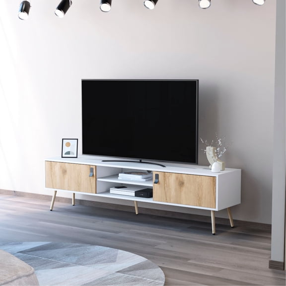 White and Macadamia 2 - Hinged Drawers TV Rack for 70 - 79 Inches TV in Living Space Offer Ample Top Surface