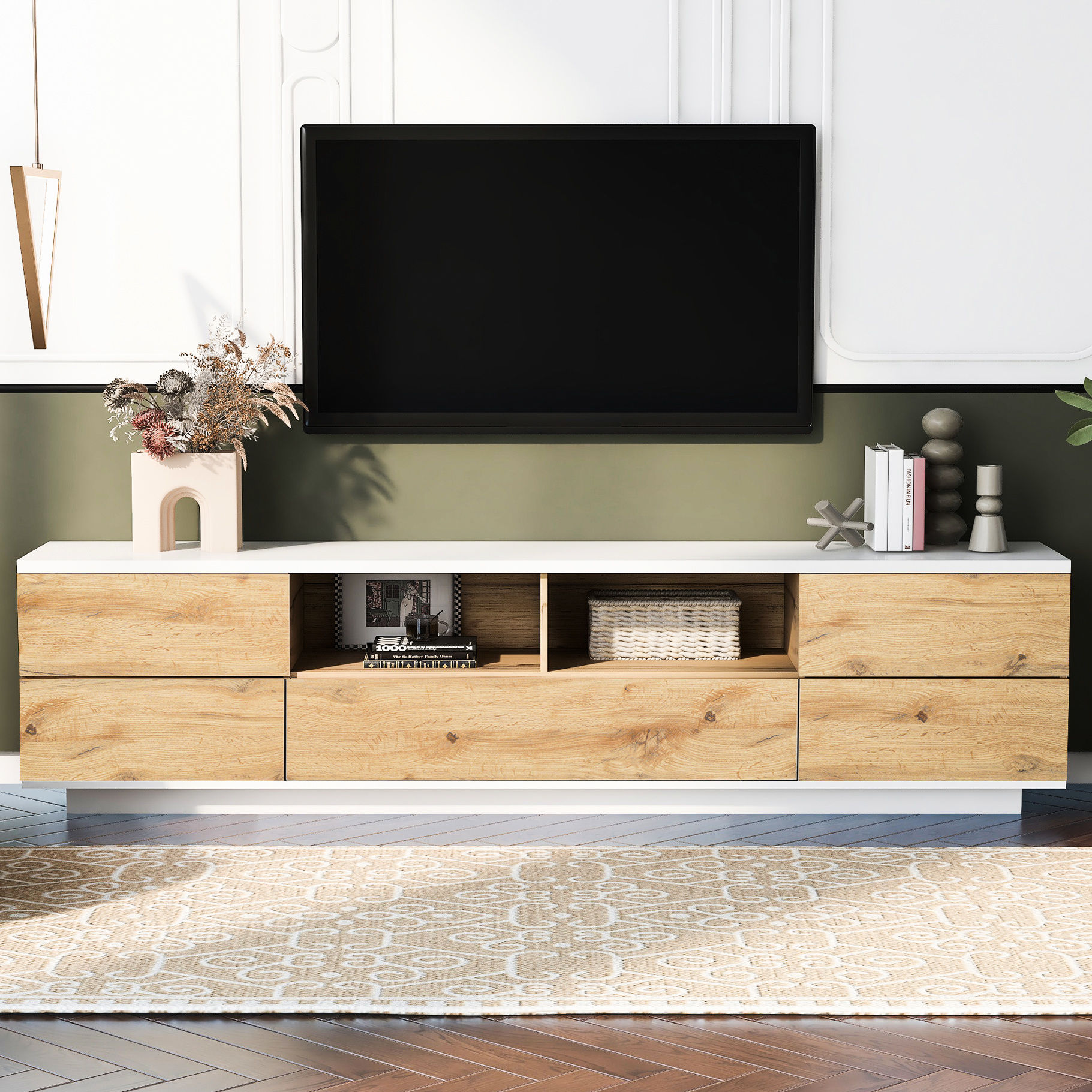 Rena TV Media Entertainment Console with Shelves, 70 Inch Rustic Green