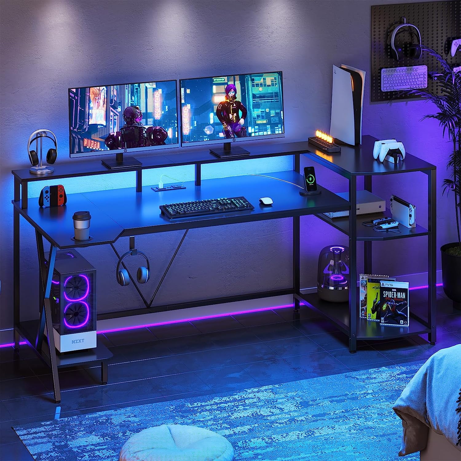 70.8 Computer Desk with LED Lights and Storage Shelves Gaming Desk with Monitor Stand Power Outlets and Cup Holder Large PC Gamer Desk Gaming