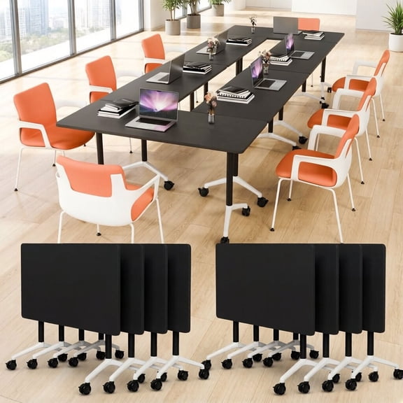 70.8" Conference Table with Wheels, 8PCS Conference Room Table, Black Flip Top Training Meeting Tables for Office Conference