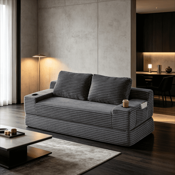 Corduroy Convertible Sofa Bed, 70.8" 2-in-1 Loveseat Sleeper with Cup Holders, Storage Pockets & 2 Pillows