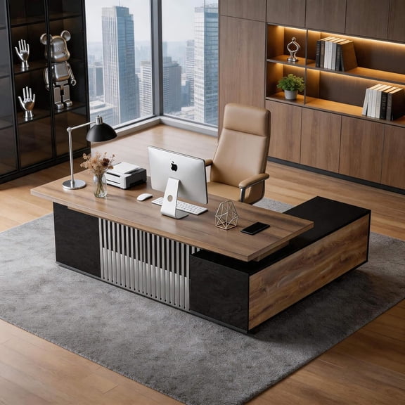 70.8" Executive L Shaped Desk with Power Outlet File Cabinets Drawer Cable Management(Left Return)