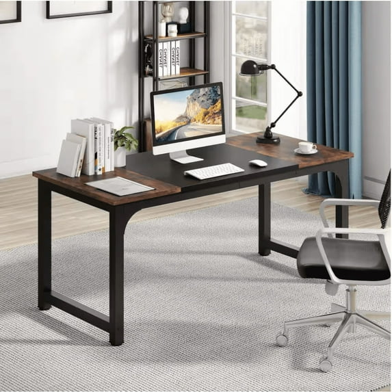70.8" Executive Office Desk, Large Modern Computer Workstation with Thick Metal Frame, Rustic Vintage Gray & Black Business Furniture for Home Office