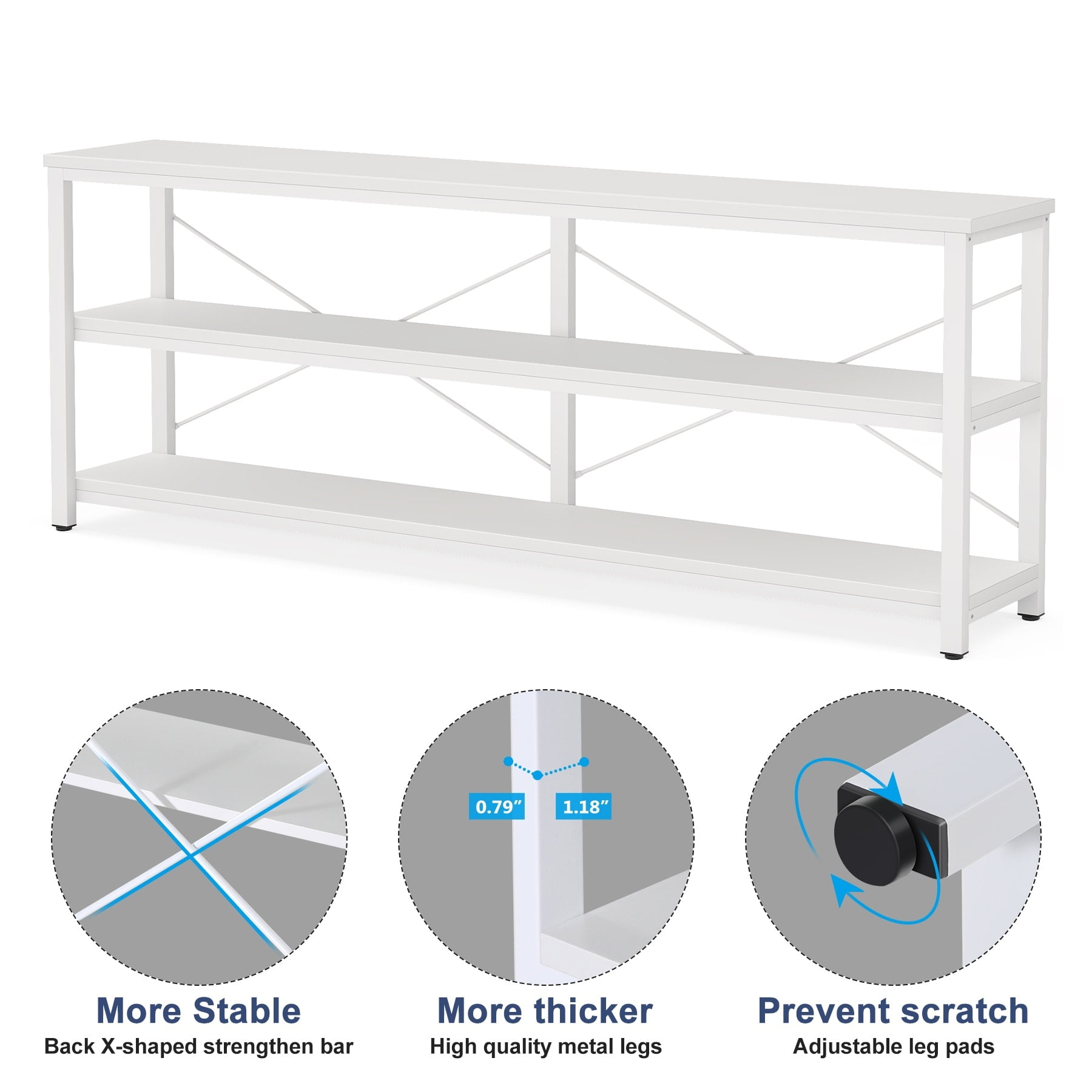 70.8'' White Metal and Wood Console Table with Storage Shelves