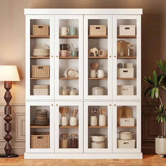 70.8" Farmhouse Kitchen Pantry Cabinet with Glass Doors, Modular Storage Cabinet with 6-Tier Adjustable Shelves, Large Storage Cabinet for Kitchen or Living Room, Set of 2, White