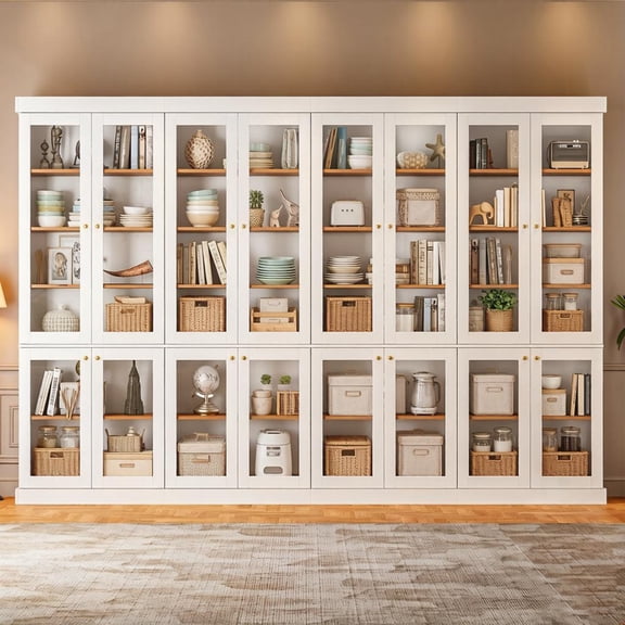 70.8" Farmhouse Kitchen Pantry Cabinet with Glass Doors, Modular Storage Cabinet with 6-Tier Adjustable Shelves, Large Storage Cabinet for Kitchen or Living Room, Set of 4, White