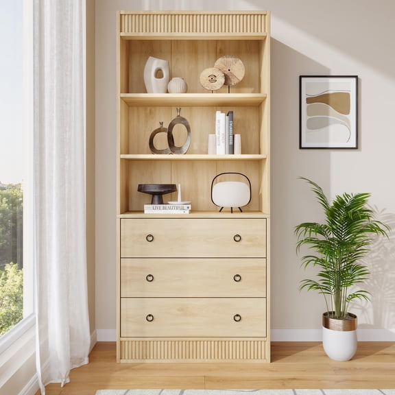 70.8" Fluted Wood Bookshelf with Drawers, 6-Tier Tall Storage Cabinet, Waved Design Open Bookcase, Light Wood Book Shelf for Living Room, Office, Home Storage
