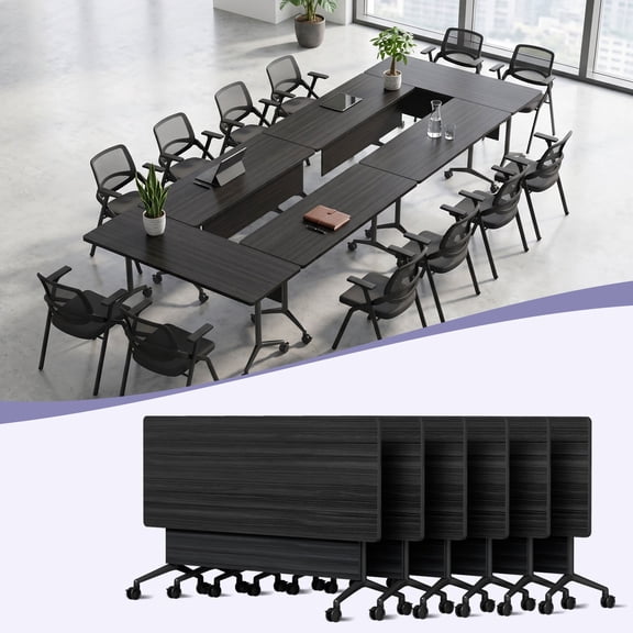 70.8" Folding Conference Table with Lockable Wheels, Mobile Flip Top Training Table, Rectangular Rolling Modular Meeting Table for Office Classroom, Black 6pack