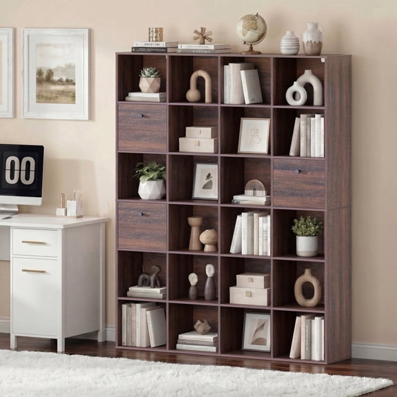 70.8" H Modular Storage Organizer with Fabric Drawers 24 Cube Walnut Bookcase Room Divider Individual