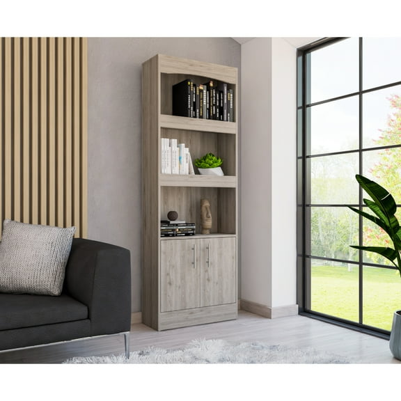70.8" Inch Bookcase With Double Door Cabinet Frame And Three Shelves, Gray Shelves Chest,