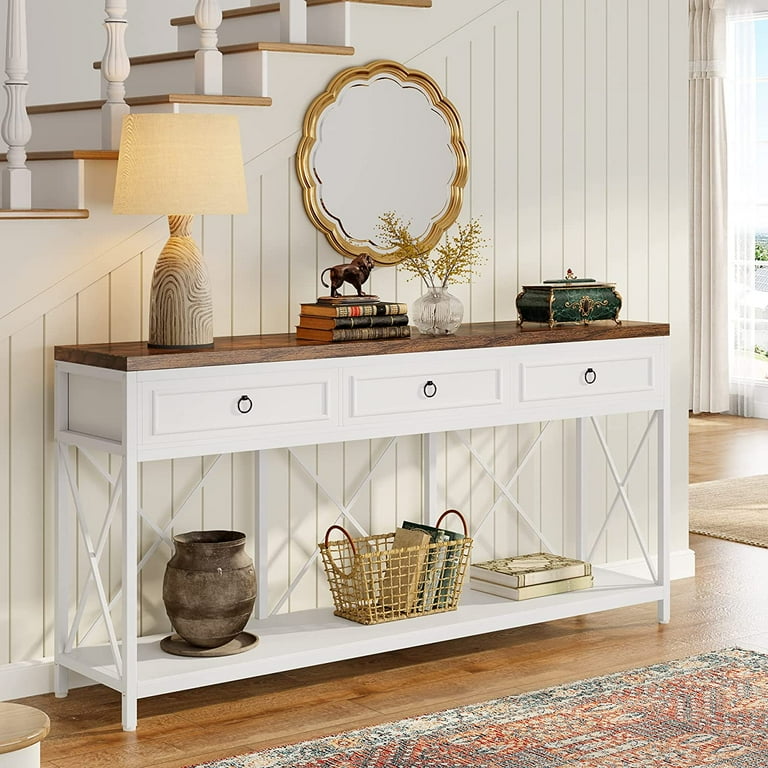 3 Drawer Console Table 70.8 Sofa Foyer Table with Storage Shelf Brown White