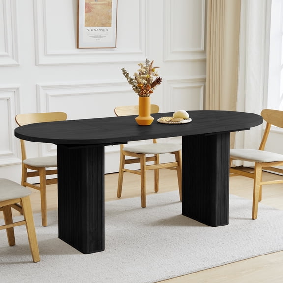 70.8 Inch Dining Table for 4-6 People, Oval Kitchen Table with Wood Strip Base, Modern Farmhouse Large Round Dining Room Tables for Kitchen Living Room (Natural)