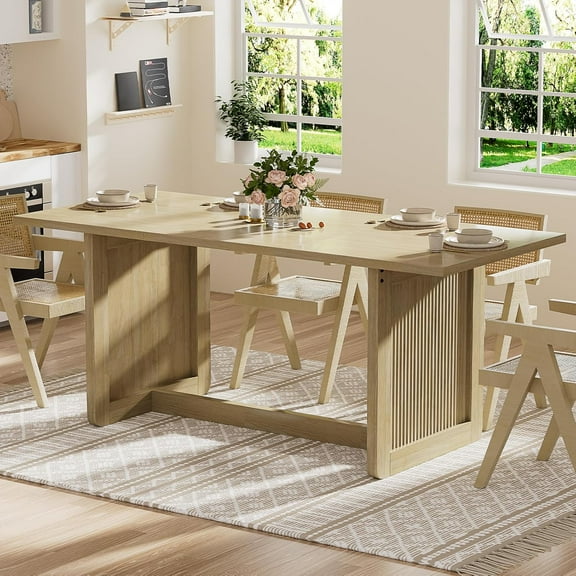 70.8-Inch Dining Table for 6-8, Large Rectangle Kitchen Table with Flute Wood Base, Modern Farmhouse Long Dinner Table for Dining Room, Kitchen, Living Room, Apartment