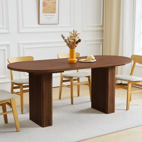 70.8 Inch Dining Table for Rustic Farmhouse, Oval Kitchen Dining Room Table with Wooden Base for Meeting Room Reception Room (Walnut)