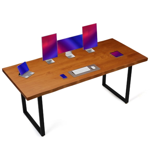 PartyKindom Home Desk Solid Wood Table with Carbon Steel Frame Ideal for Gaming and Work