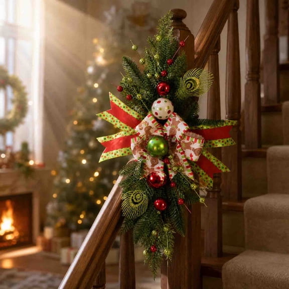 70.8 Inch Frosted Floral Christmas Stair Garland, Bendable Custom Shape Waterproof Reusable Swag, Full Layered Bow Bauble Pre Assembled Decor, for Banister Door Frame Window Winter Home Arrangement