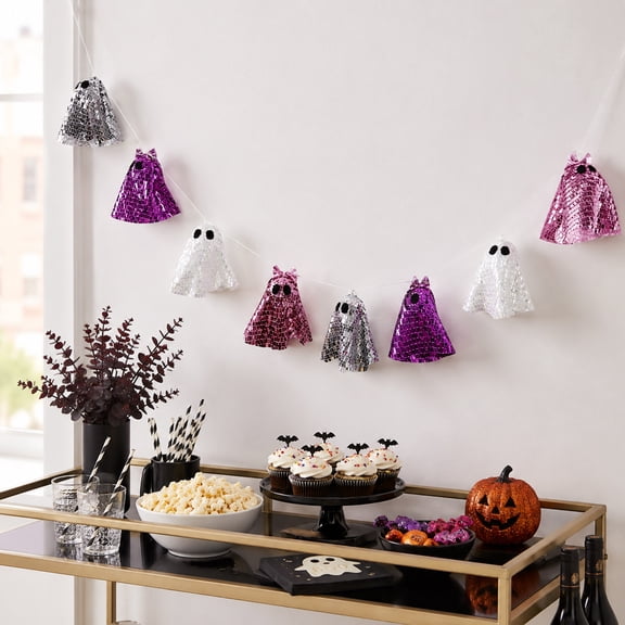 70.8 Inch Ghost Garland - 8 Pcs Mini Glittery Mirror Tile Spooky Ghost Hanging Ornaments Halloween Ghost Hanging Decorations, Cute Retro Groovy Halloween Banner for Dorm Wall Fireplace Party Decor