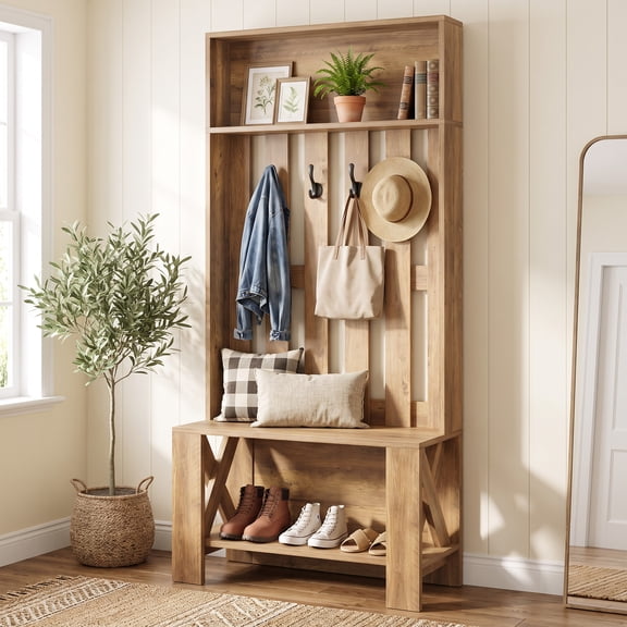 70.8 Inch Hall Tree with Bench and Shoe Storage, 3-In-1 Entryway Coat Rack with 4 Hooks, Slim Wooden Organizer for Mudroom Hallway Bedroom Farmhouse Decor (Brown)