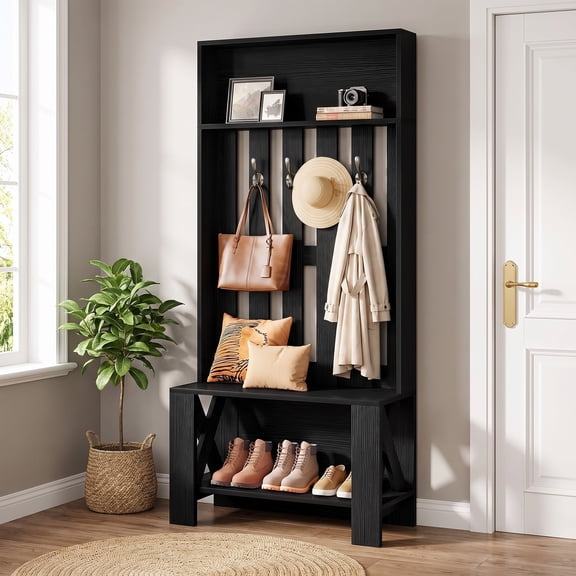 70.8 Inch Hall Tree with Bench and Shoe Storage, 3-In-1 Entryway Coat Rack with 4 Hooks, Slim Wooden Organizer for Mudroom Hallway Bedroom Modern Decor (Black)