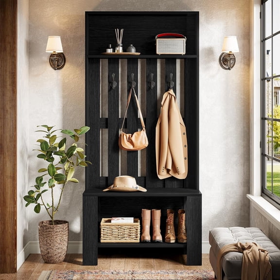 70.8 Inch Hall Tree with Bench and Shoe Storage, 3-In-1 Entryway Coat Rack with 4 Hooks, Slim Wooden Organizer for Mudroom Hallway Bedroom Modern Decor (Black)