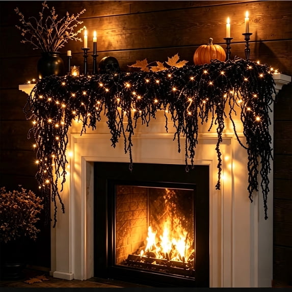 70.8 Inch Halloween Garland Lights, Lighted Black Spooky Hanging Vine with LED Warm Glow, Artificial Moss Halloween Garland Decor for Indoor Outdoor Mantel Porch