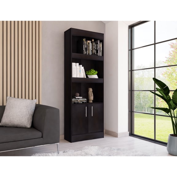70.8" Inch High Bookcase With Three Shelves And Double Door Cabinet, Black For Media Room Shelf Finish Study, 70.12 In.