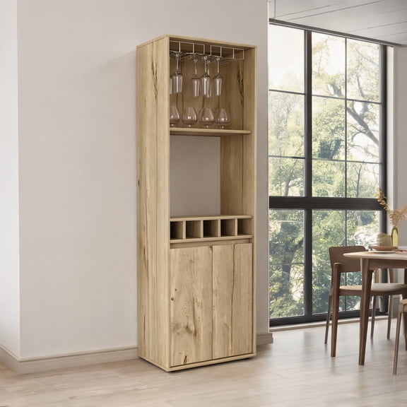 70.8 Inch High Double Door Bar Cabinet, Engineered Wood, Warm Beige for Home Bar Wine Storage