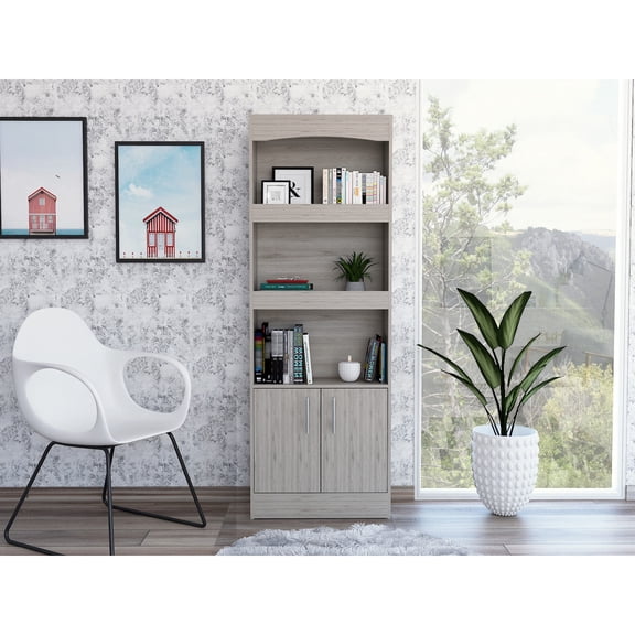 70.8 - Inch High Gray Bookcase with Double Doors / Bookcase for Home Library