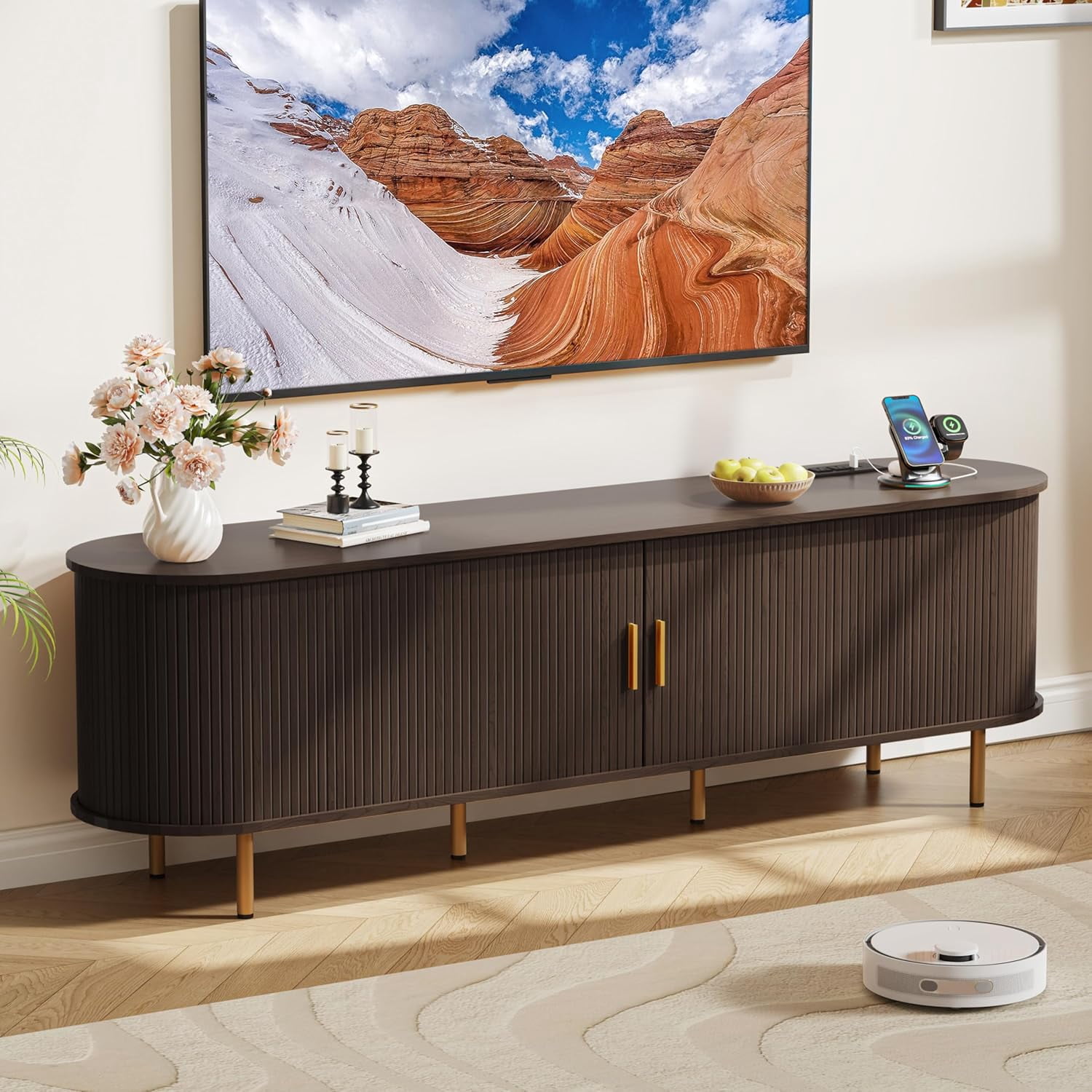 70.8 Inch Mid-Century Modern TV Stand with Power Outlet and Sliding Doors, Entertainment Center with Adjustable Storage Shelves, for TVs up to 80 Inches, Dark Walnut