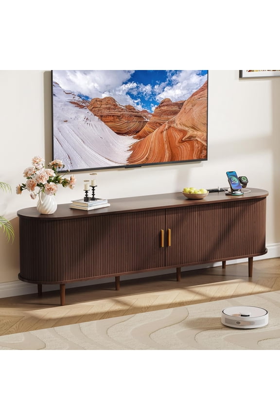 70.8 Inch Mid-Century Modern TV Stand with Power Outlet and Sliding Doors, Entertainment Center with Adjustable Storage Shelves, for TVs up to 80 Inches, Walnut