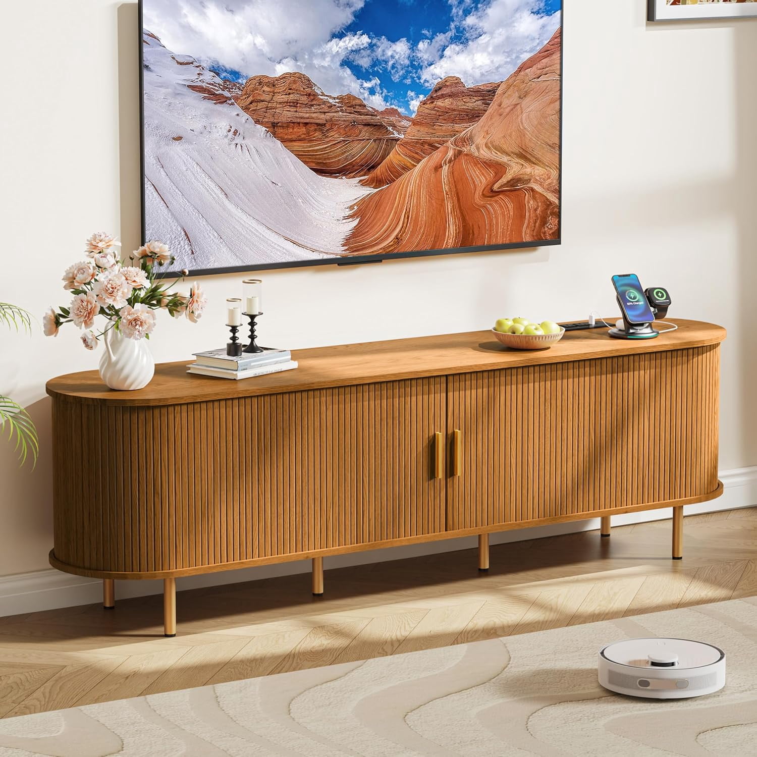 70.8 Inch Mid-Century Modern TV Stand with Power Outlet for TVs up to 80 Inches, Entertainment Center with Sliding Doors, Adjustable Shelves and Storage, Media Console for Living Room, Yellow