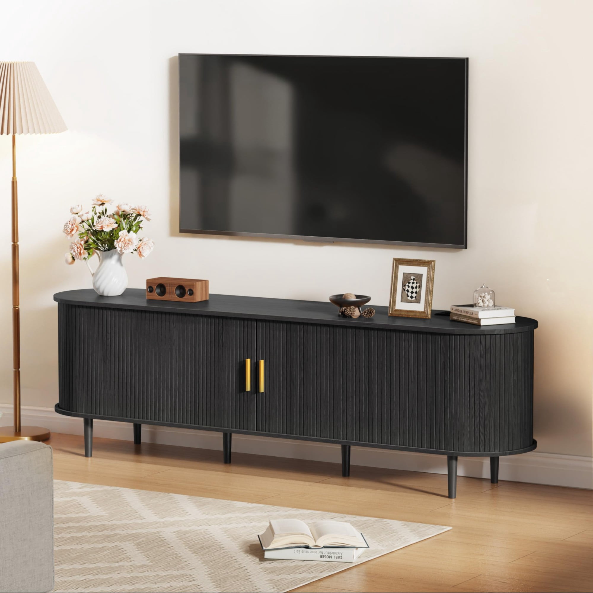 70.8 Inch Mid Century Modern TV Stand with Power Outlet, Fluted Media Console with Sliding Doors for TVs up to 80 Inch, Black