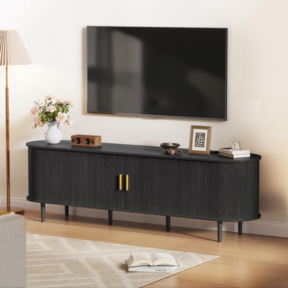 70.8 Inch Mid Century Modern TV Stand with Power Outlet, Fluted Media Console with Sliding Doors for TVs up to 80 Inch, Black