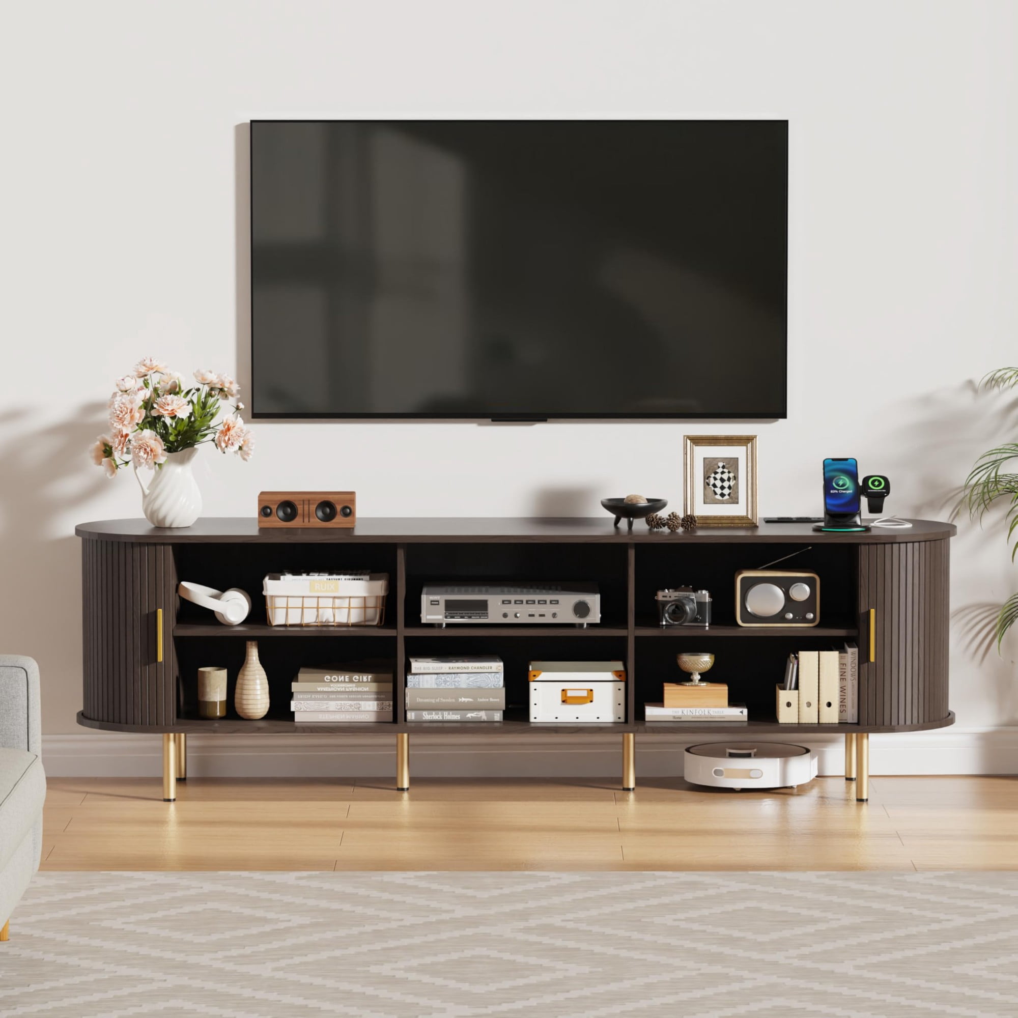 70.8 Inch Mid Century Modern TV Stand with Power Outlet, Fluted Media Console with Sliding Doors for TVs up to 80 Inch, Coffee
