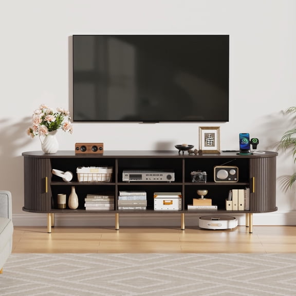 70.8 Inch Mid Century Modern TV Stand with Power Outlet, Fluted Media Console with Sliding Doors for TVs up to 80 Inch, Coffee