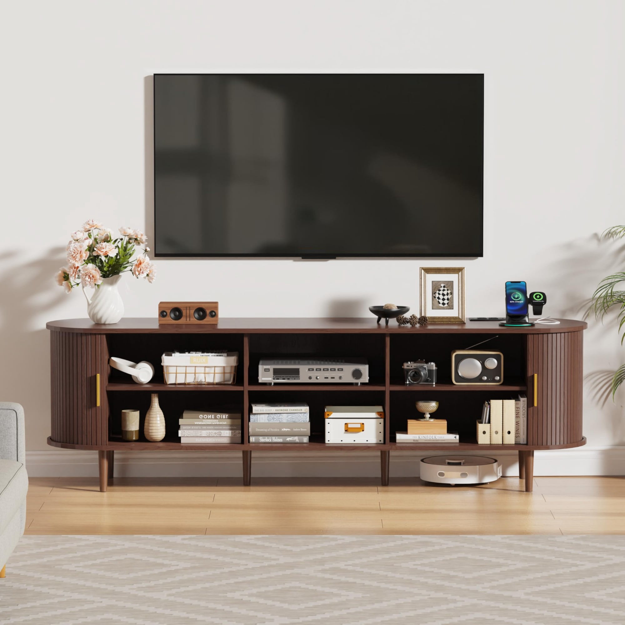70.8 Inch Mid Century Modern TV Stand with Power Outlet, Fluted Media Console with Sliding Doors for TVs up to 80 Inch, Walnut