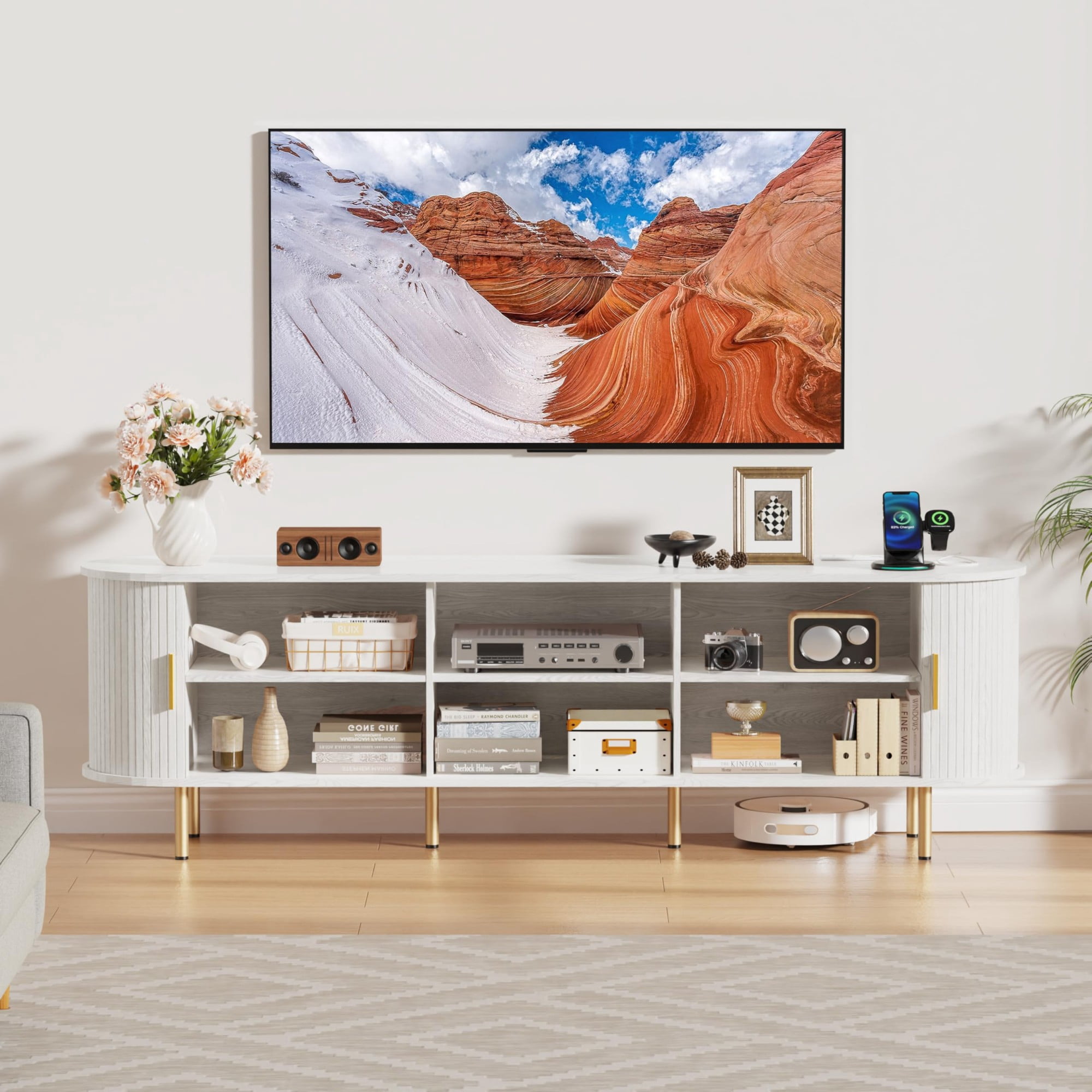 70.8 Inch Mid Century Modern TV Stand with Power Outlet, Fluted Media Console with Sliding Doors for TVs up to 80 Inch, White