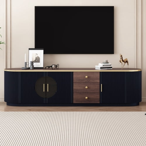 70.8 Inch Modern Minimalist TV Stand for TVs up to 80 Inches, Wood Grain Entertainment Center with 2 Glass Door Cabinets, 3 Drawers and Interior Shelf, Black
