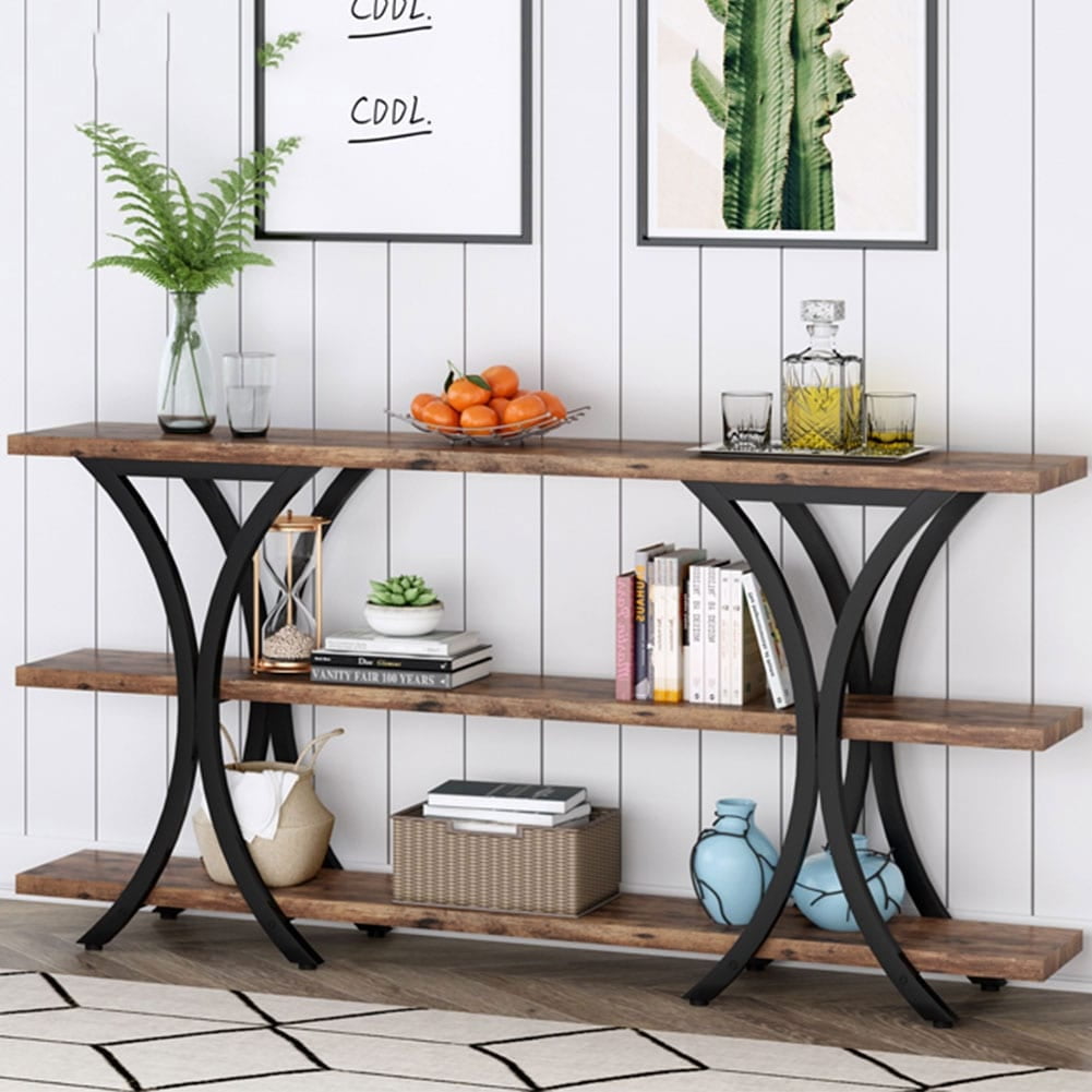 70.8 Inch Brown Wood and Metal Console Table with Shelves