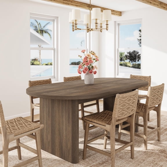70.8 Inch Oval Dining Table for 6-8 People, Farmhouse Kitchen Table with Oak Finish, Long Large Dining Room Table with Thick Sturdy Wooden Base, for Kitchen, Living Room, Office (Brown)