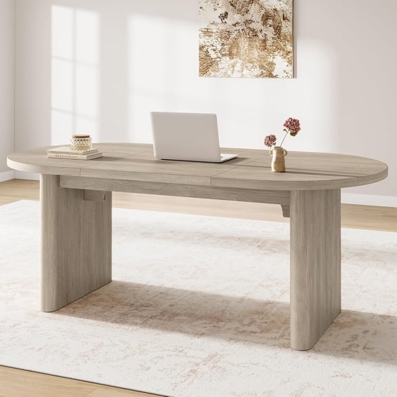 70.8 Inch Oval Dining Table for 6-8 People, Farmhouse Kitchen Table with Thick Sturdy Wooden Base, Large Dining Room Table for Kitchen, Living Room, Office