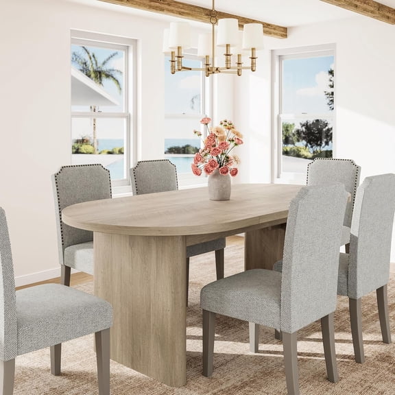 70.8 Inch Oval Dining Table with Upholstered Dining Chairs, Kitchen Table with Sturdy Wooden Base, High Back Dining Chair with Wood Legs for Kitchen (1* Table + 6* Chairs, Gray+Gray)