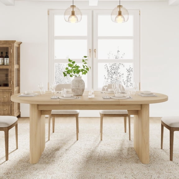 70.8 Inch Oval Farmhouse Dining Table for 6-8 People, Long Large Kitchen Table with Thick Sturdy Wooden Base-Natural