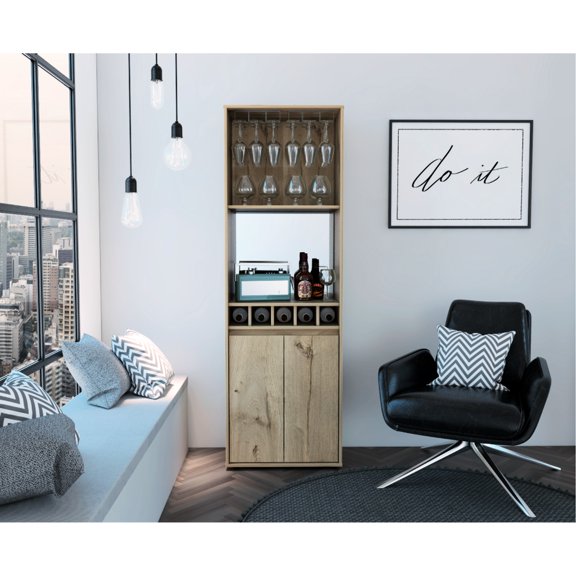70.8" Inch Tall Oak Bar Cabinet, Two Shelves, Five Wine Rack - Double Door, Beige, 12 Pc Glass Rack, Bottle , For Storage And Presentation High Demonstration