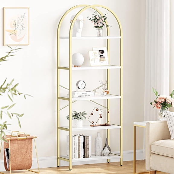 70.8" Industrial Farmhouse Bookshelf, 5-Tier Arched Bookcase with Metal Frame, 30lb/Shelf Capacity & Anti-Tip Design for Living Room, Office, Bedroom Storage