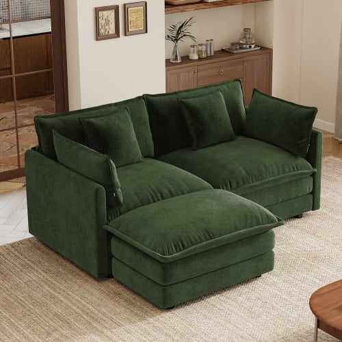 70.8" L-Shaped 2-Seater Sofa with Ottoman & 5 Pillows, Chenille Modular Sectional Couch for Small Spaces, Green
