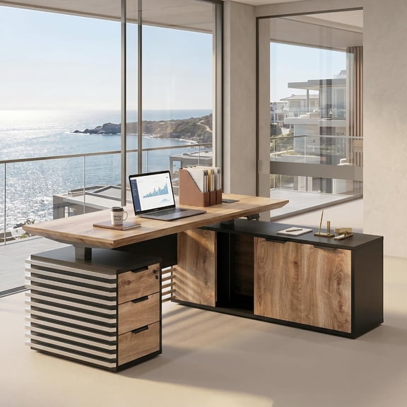70.8" L Shaped Desk Adjustable Height with Locking Drawer File Cabinet Solid Thickened Desktop