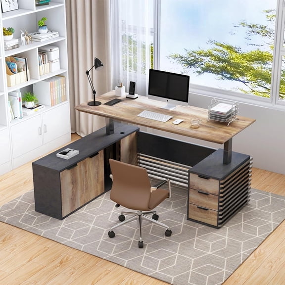 70.8" L Shaped Desk Adjustable Height with Locking Drawer File Cabinet Solid Thickened Desktop