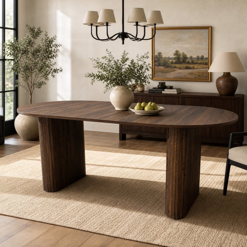 70.8" Long Oval Dining Table for 6-8, Large Wooden Kitchen Dinner Table with Striped Base & Non-Slip Foot Pads