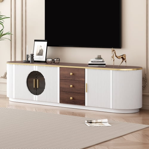 70.8'' Modern Minimalist TV Stand for TVs up to 80 Inches, Entertainment Center with 3 Drawers and 1 Shelf, Metal Handles and 2 Cabinets for Living room